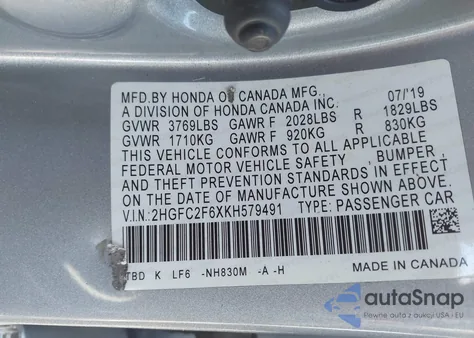 2019 Honda Civic Lx z USA, uszkodzony, nr VIN 2HGFC2F6XKH579491